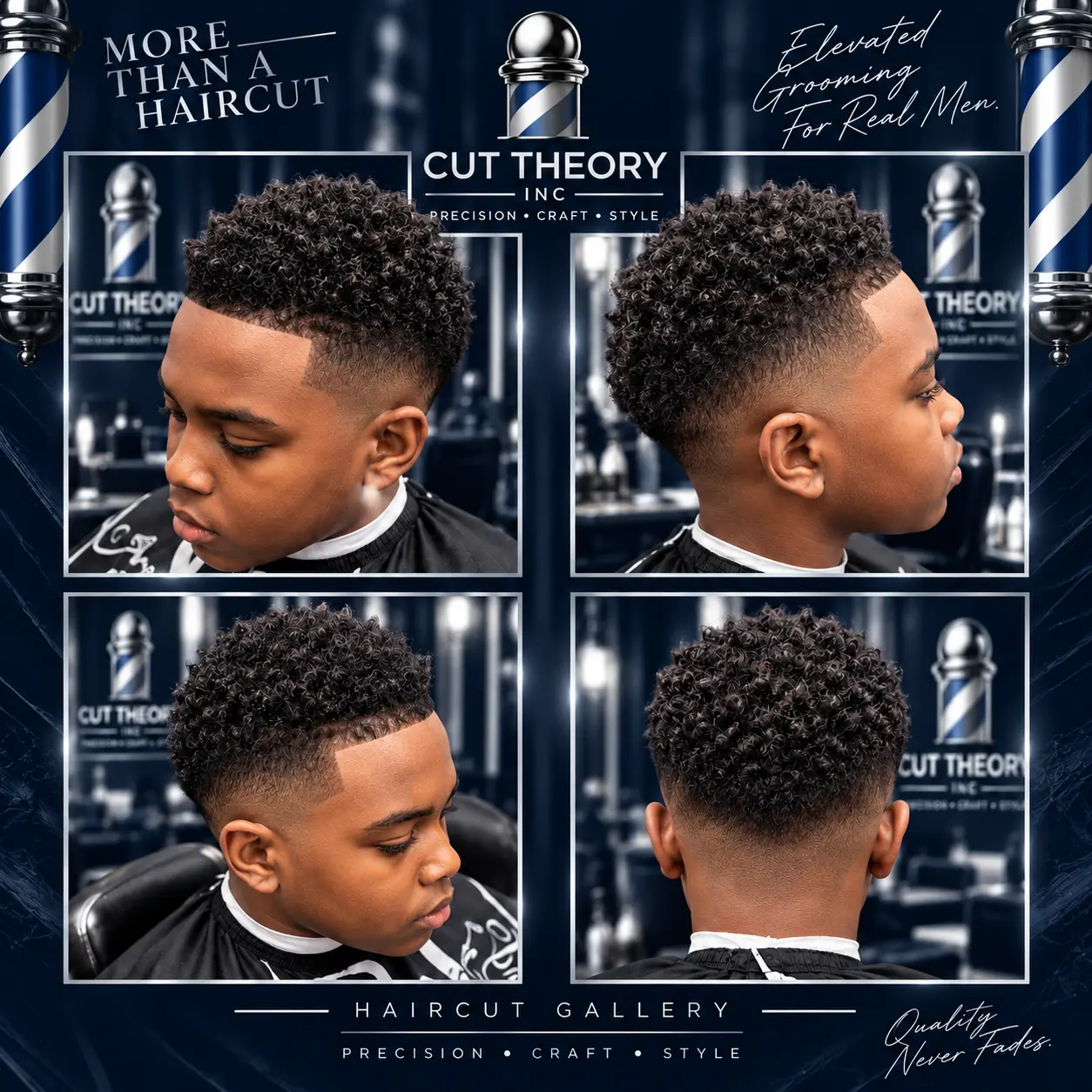 Young client precision fade with textured top — multiple angles
