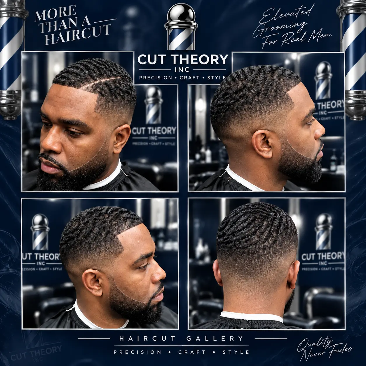 Bald fade with full gray beard sculpting and detailing