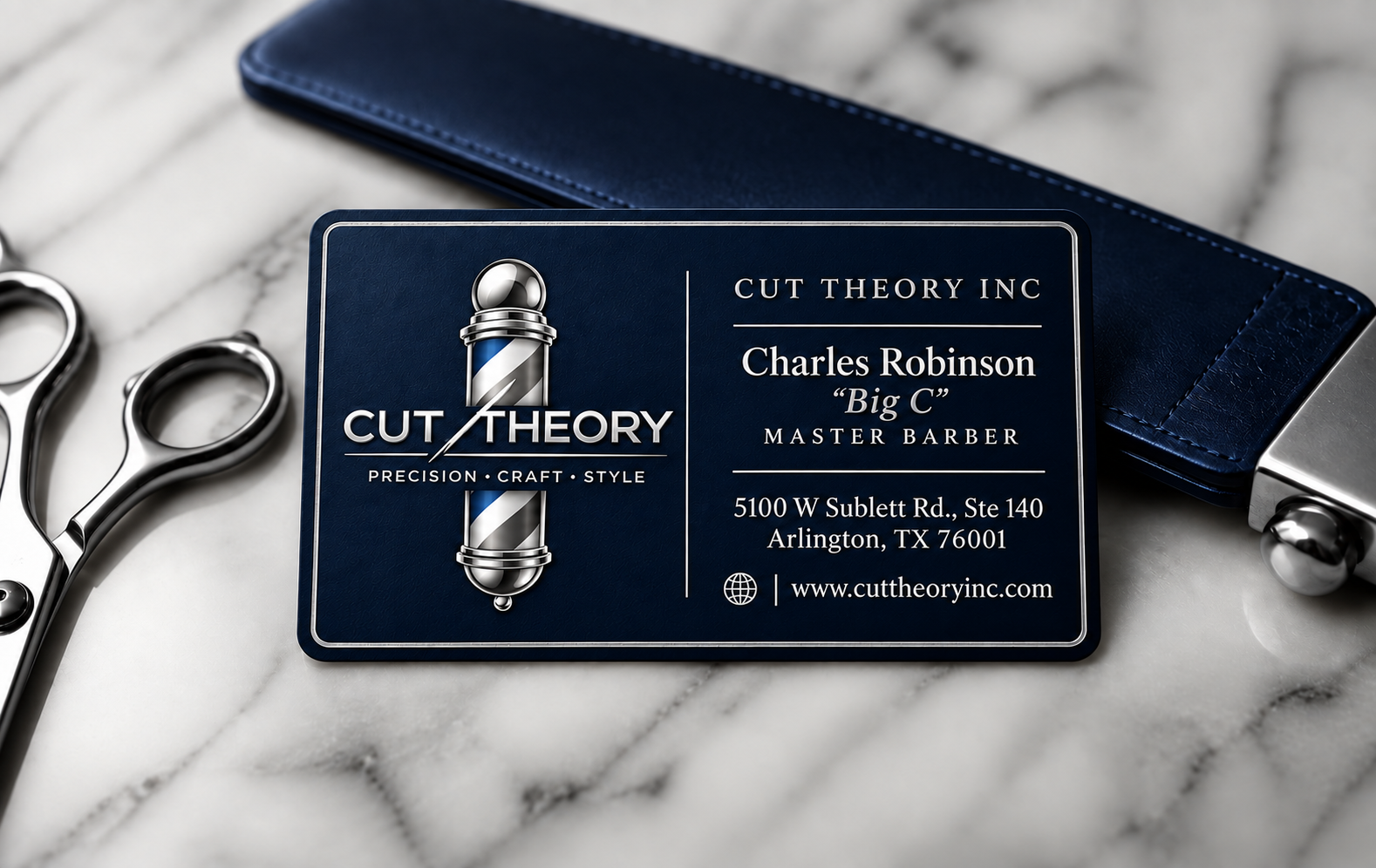 Cut Theory Inc. premium business card for Charles Big C Robinson, Master Barber