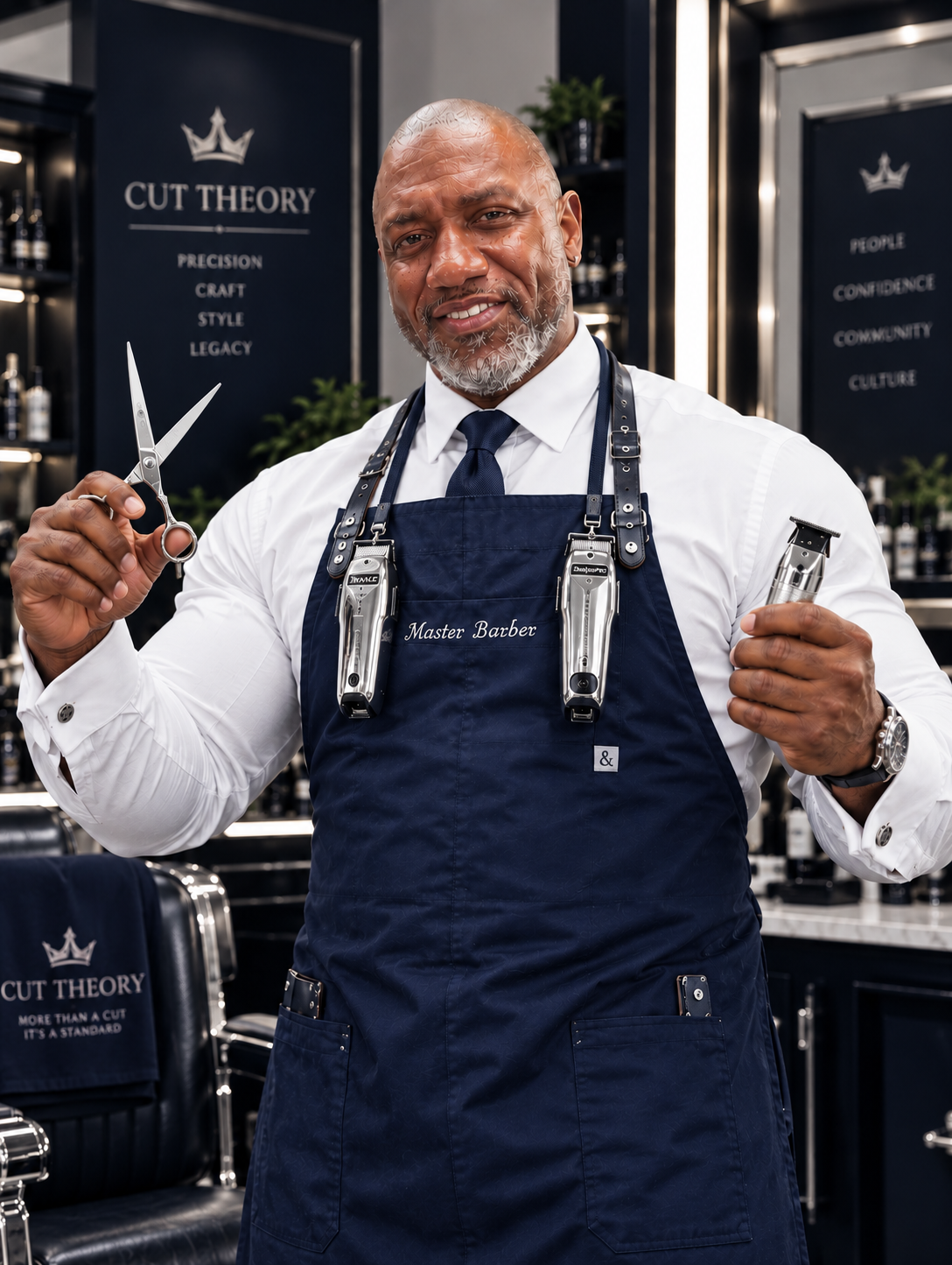 Master Barber Charles Big C Robinson with precision shears and clippers at Cut Theory Inc.