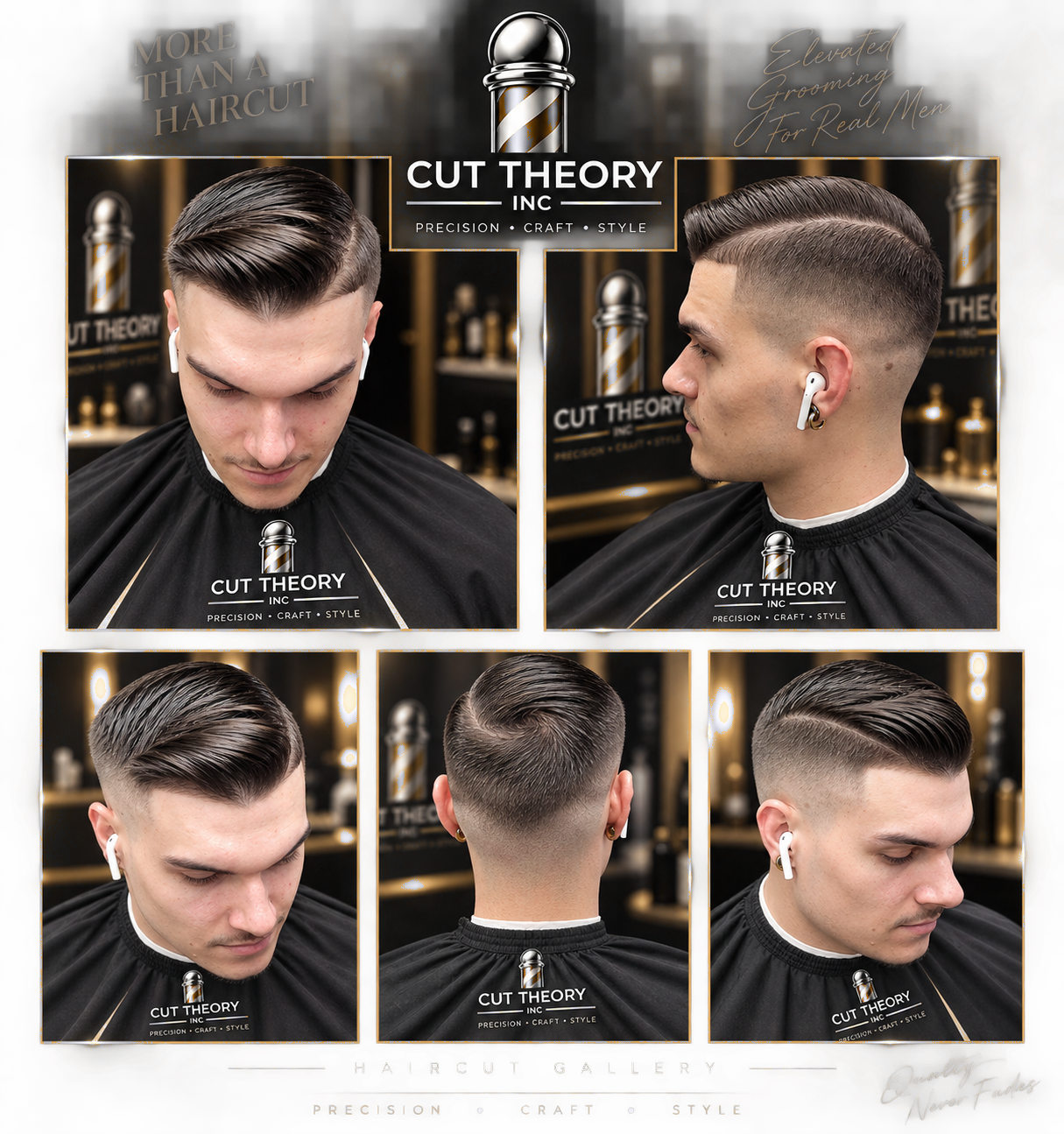 Cut Theory haircut gallery collage showing precision fades and grooming from every angle