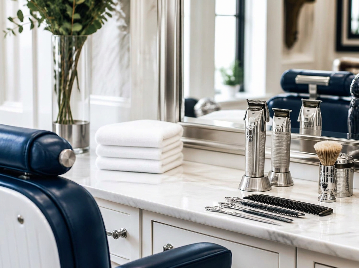 Marble barber station with gold clippers, white towels and a burgundy leather chair at Cut Theory Inc.