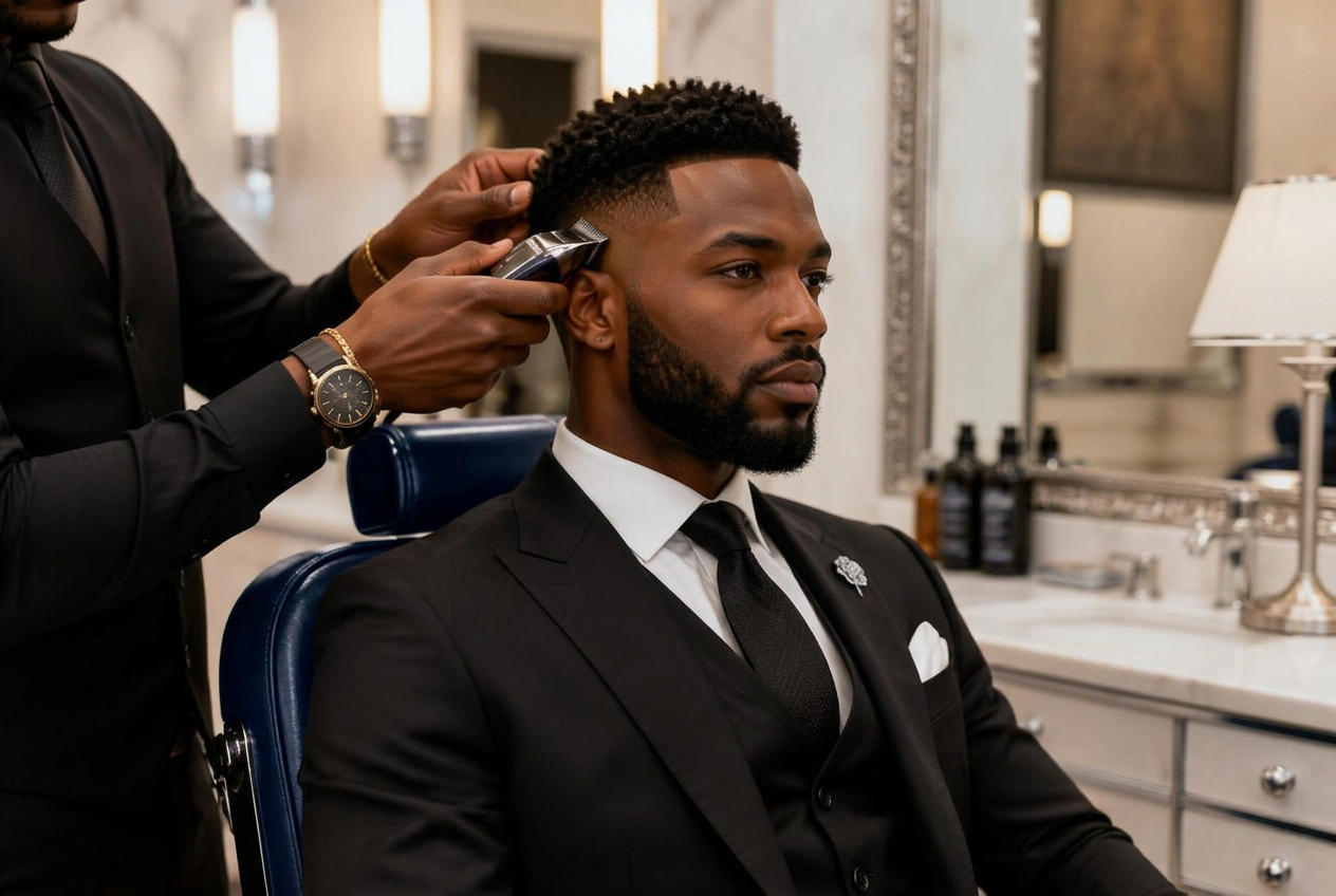 A gentleman in a tailored suit receiving a premium haircut at Cut Theory Inc.